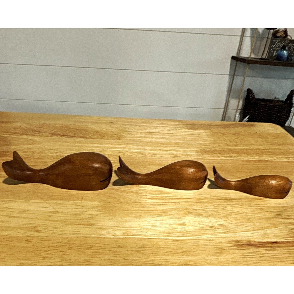 Vintage Carved Wooden Whale Figurine Set of 3, 6.5", 5.5", and 4.5"